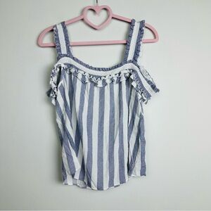 Moa Moa Blue and White Striped Ruffle Off shoulder Tank Top Size Medium